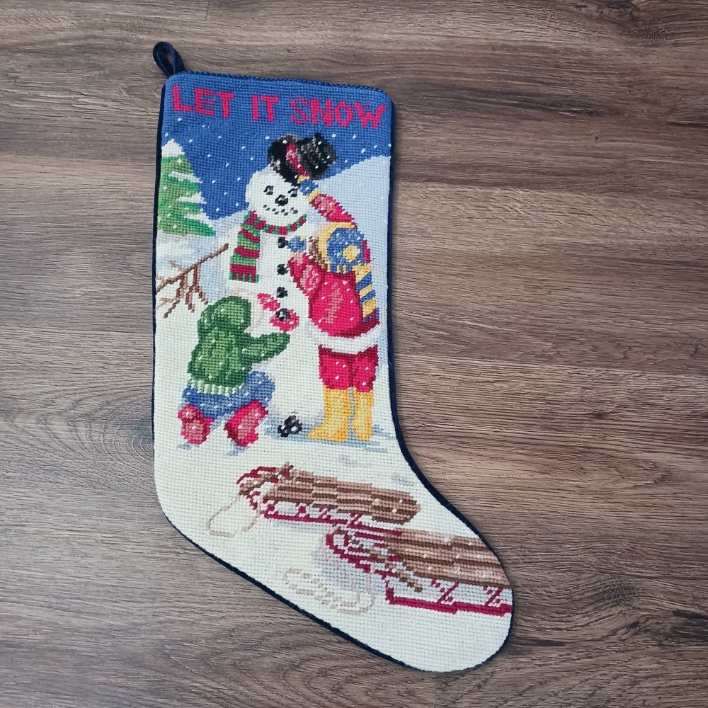Vintage Needlepoint Christmas Stocking Let it Snow Snowman Children‎ Blue Velvet